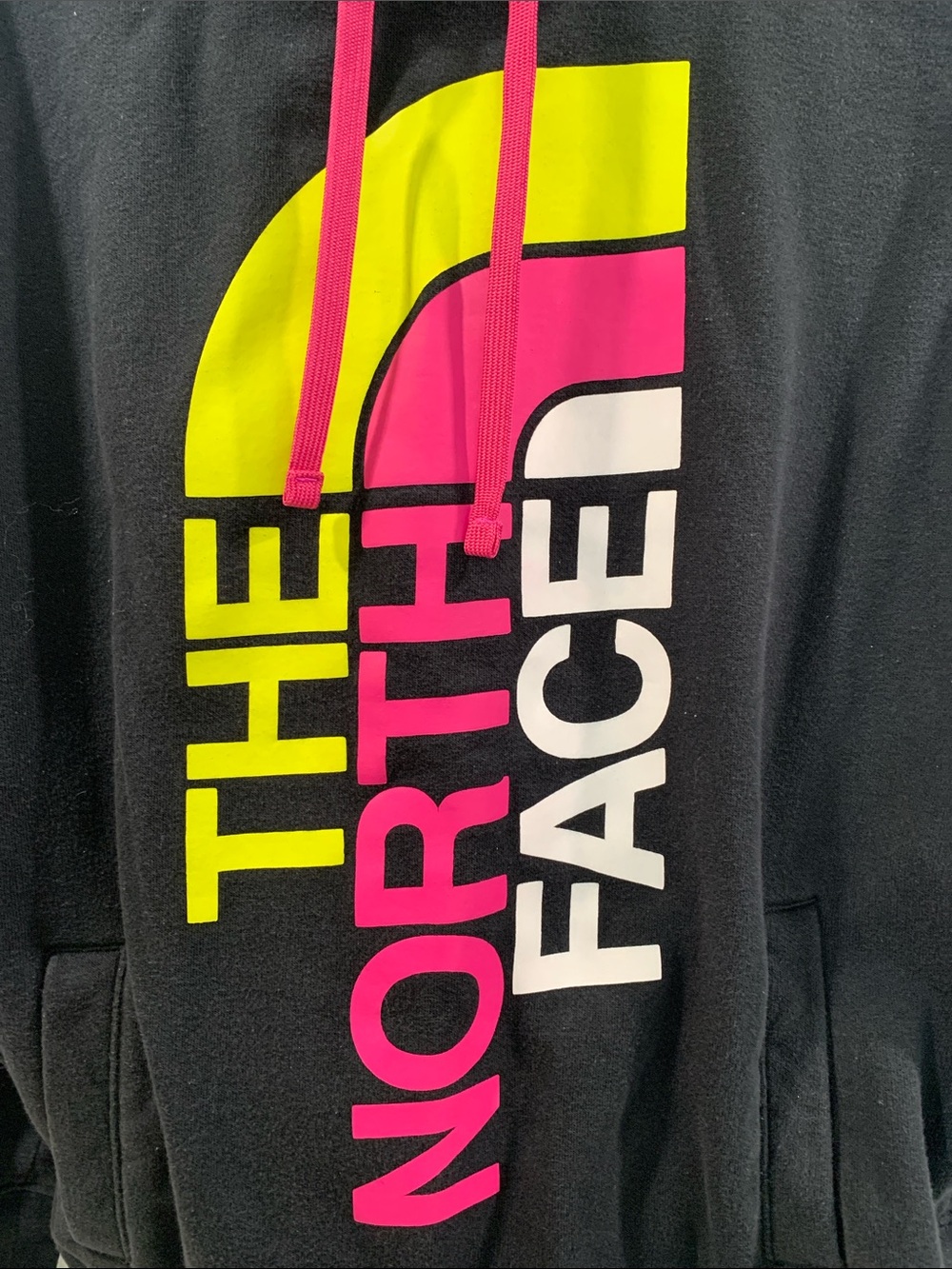 The North Face Black Hoodie with Neon Pink & Neon Yellow Logo - Picture 3 of 4